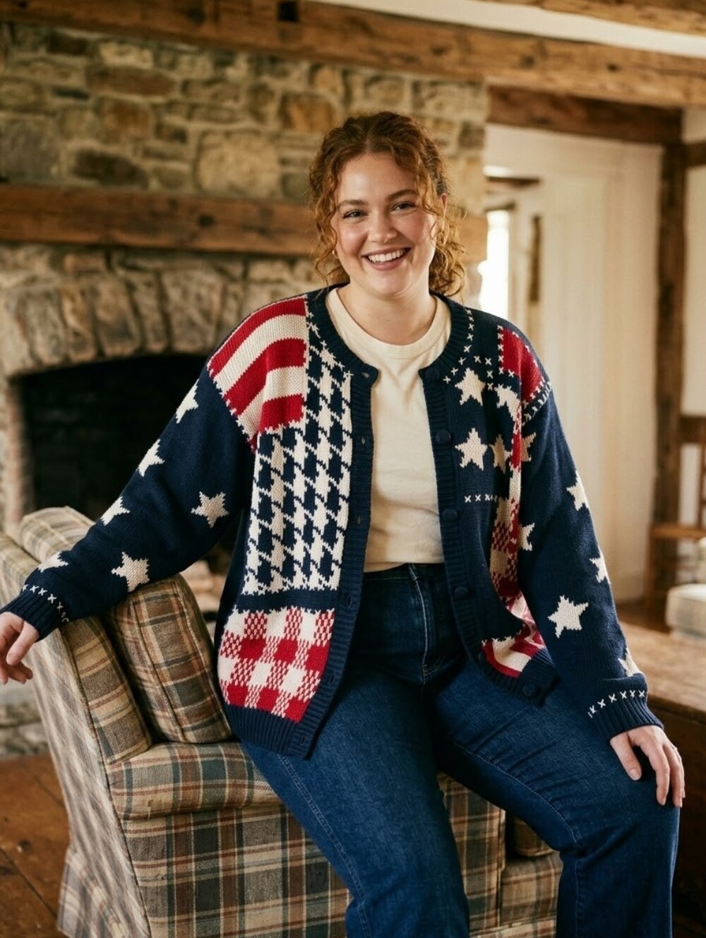 Vintage Bryn Connelly American Flag Stars Sweater Cardigan Size 1X Womens Cozy
